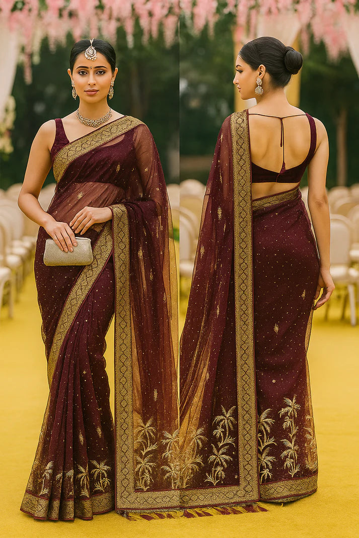 Combo of 2 Designer Twill Net Sarees with Sequin & Golden Embroidered Borders | Premium Wedding & Party Wear Deal
