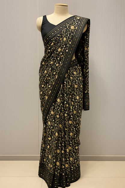 Elegant Black Floral Saree with Sequin Border