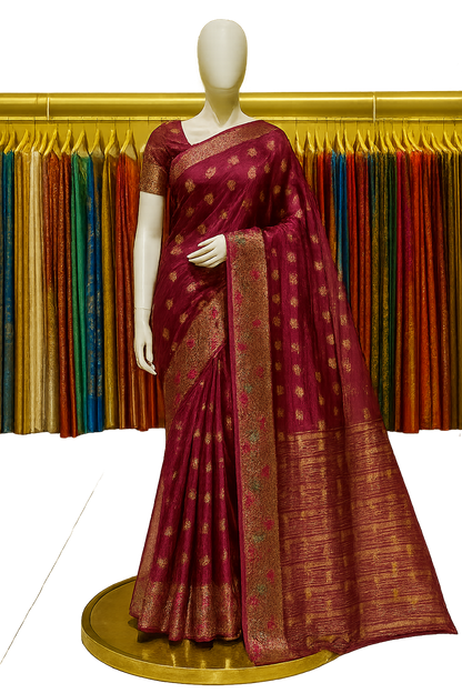 Radiant Maroon Organza Silk Saree with Golden Zari Work and Matching Blouse