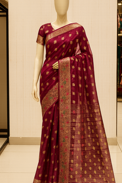 Radiant Maroon Organza Silk Saree with Golden Zari Work and Matching Blouse