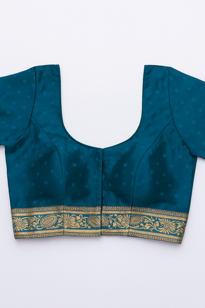 Emerald Turquoise Blue Kanjeevaram Silk Saree with Intricate Golden Zari Work