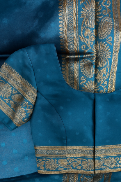 Emerald Turquoise Blue Kanjeevaram Silk Saree with Intricate Golden Zari Work