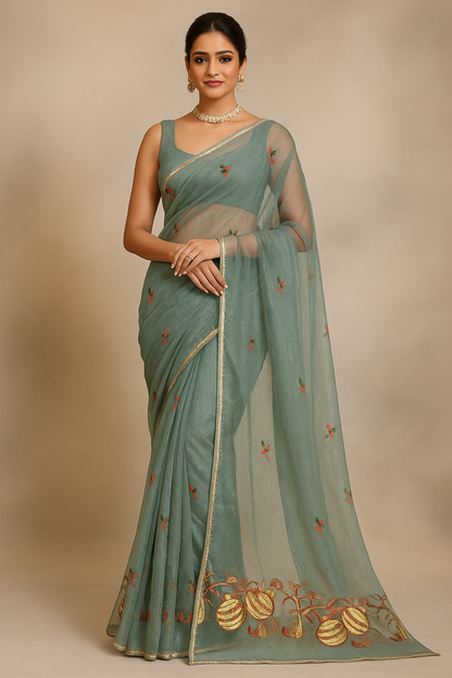 Crimson Bloom Net Saree with Embroidered Work