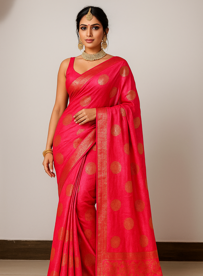 Elegant Pink Vichitra Silk Saree with Foil Print & Samosa Lace Border