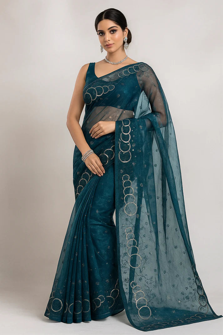 Combo of 2 Midnight Blue Organza Sarees with Golden Sequin Embroidery | Premium Festive & Wedding Deal