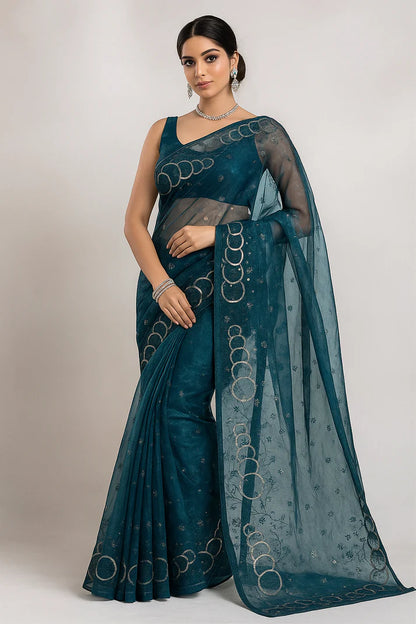 Combo of 2 Midnight Blue Organza Sarees with Golden Sequin Embroidery | Premium Festive & Wedding Deal