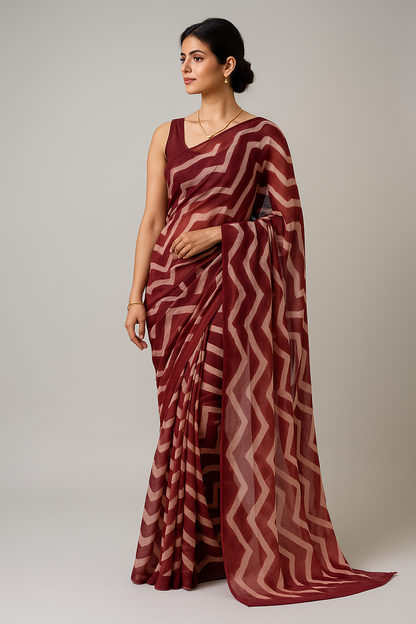 Maroon & White Zigzag Printed Chiffon Saree with Matching Blouse