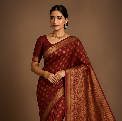 Emerald Maroon Kanjeevaram Silk Saree with Intricate Golden Zari Work