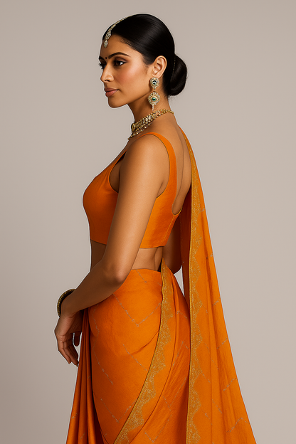 Jimmy Choo-Inspired Orange Saree with Subtle Golden Accents