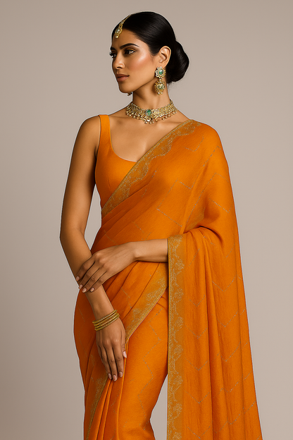 Jimmy Choo-Inspired Orange Saree with Subtle Golden Accents
