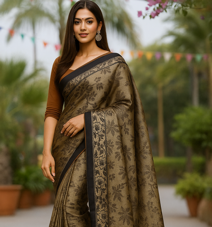 Elegant Olive Black Braso Silk Saree