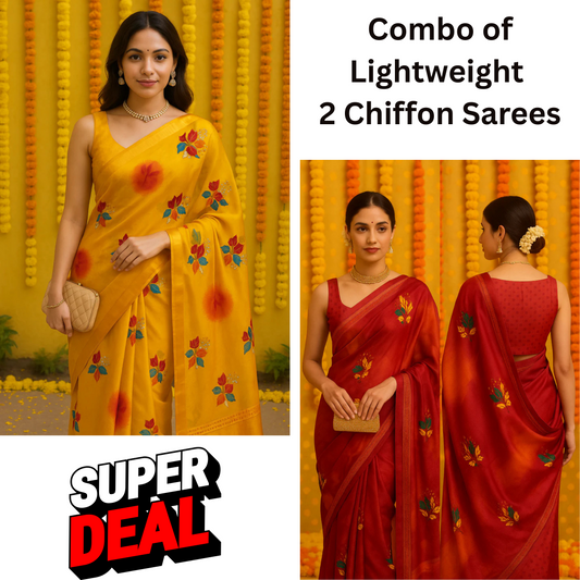 Combo of 2 Lightweight Chiffon Sarees with Floral & Mirror Work | Perfect for Haldi & Festive Events