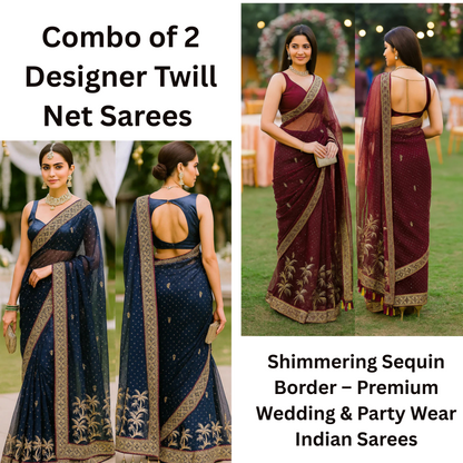 Combo of 2 Designer Twill Net Sarees with Sequin & Golden Embroidered Borders | Premium Wedding & Party Wear Deal