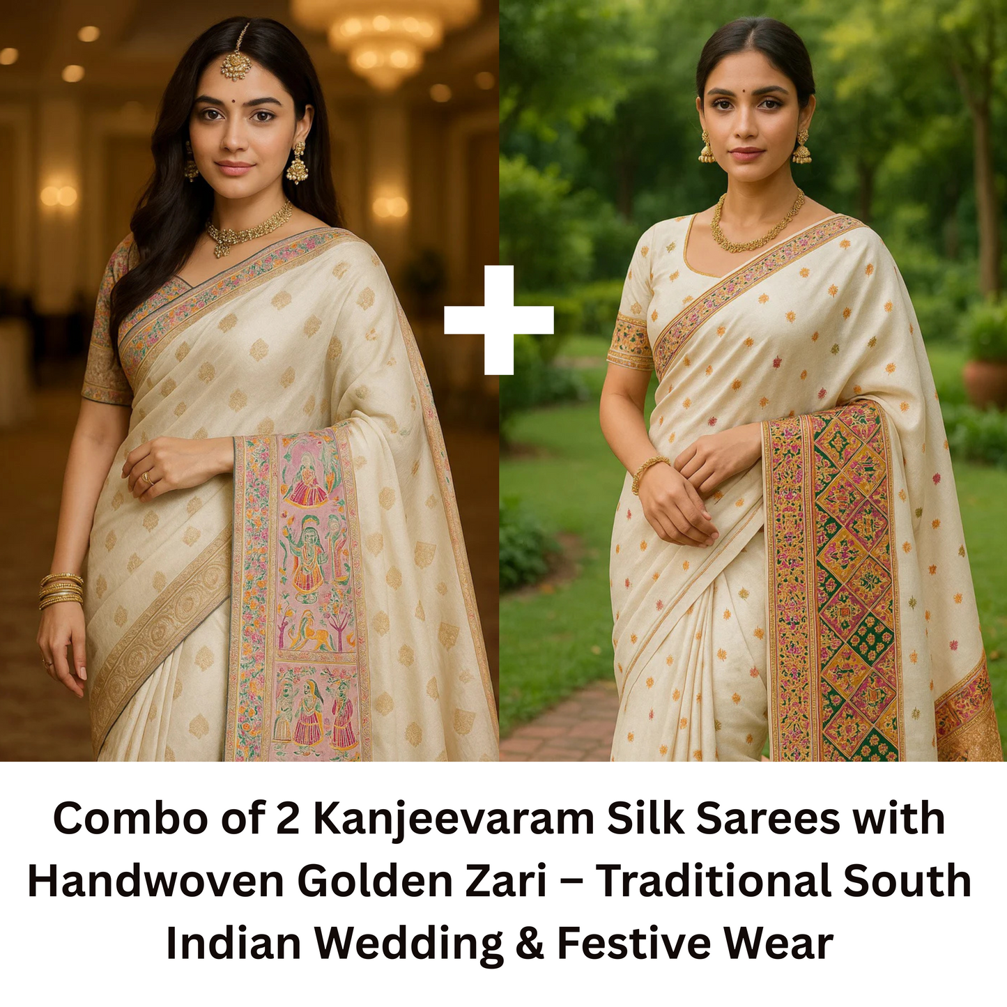 Combo of 2 Kanjeevaram Silk Sarees with Handwoven Zari | Traditional South Indian Festive & Wedding Wear Deal