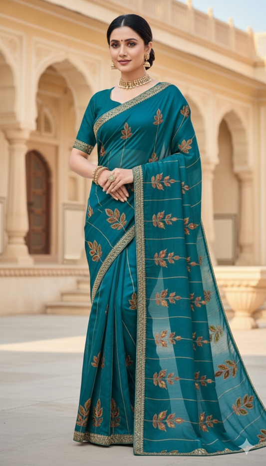 Premium Space Silk Saree with Thread Embroidery & Jarkan Diamond Cut Work Border – Festive & Wedding Wear, 6.3 Mtr with Blouse