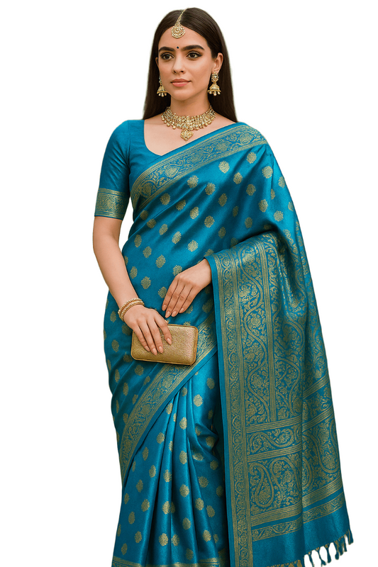 Emerald Turquoise Blue Kanjeevaram Silk Saree with Intricate Golden Zari Work