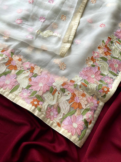 A Premium Chiffon Designer Embroidered Saree with Elegant Motifs