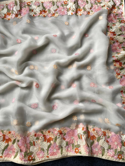 A Premium Chiffon Designer Embroidered Saree with Elegant Motifs