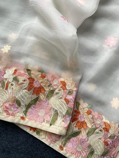 A Premium Chiffon Designer Embroidered Saree with Elegant Motifs