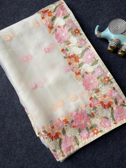 A Premium Chiffon Designer Embroidered Saree with Elegant Motifs