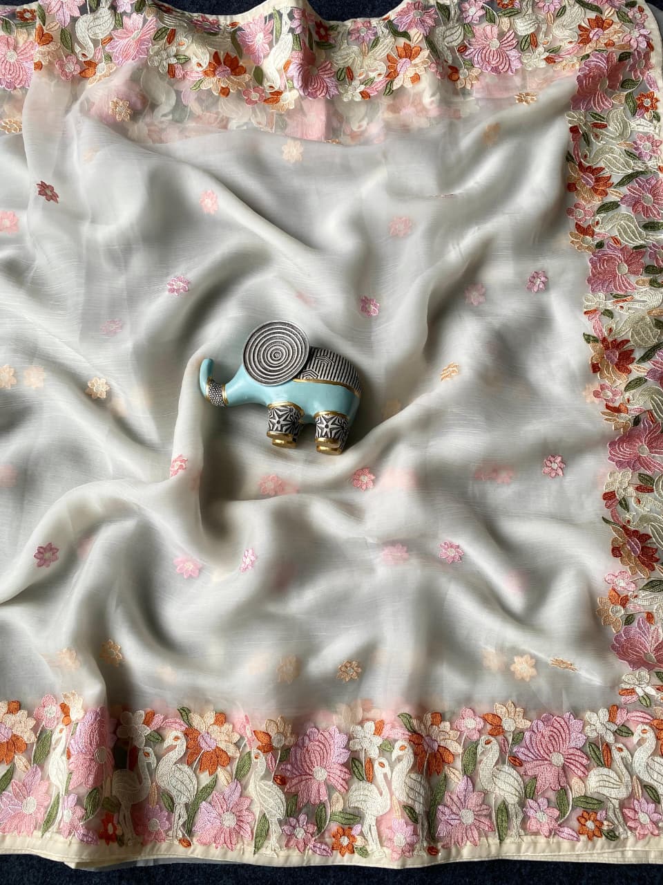 A Premium Chiffon Designer Embroidered Saree with Elegant Motifs