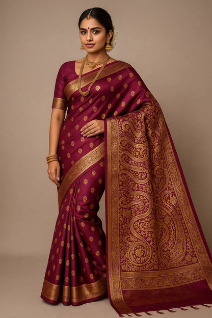 Regal Maroon Kanjeevaram Silk Saree with Golden Zari Butta and Intricate Border