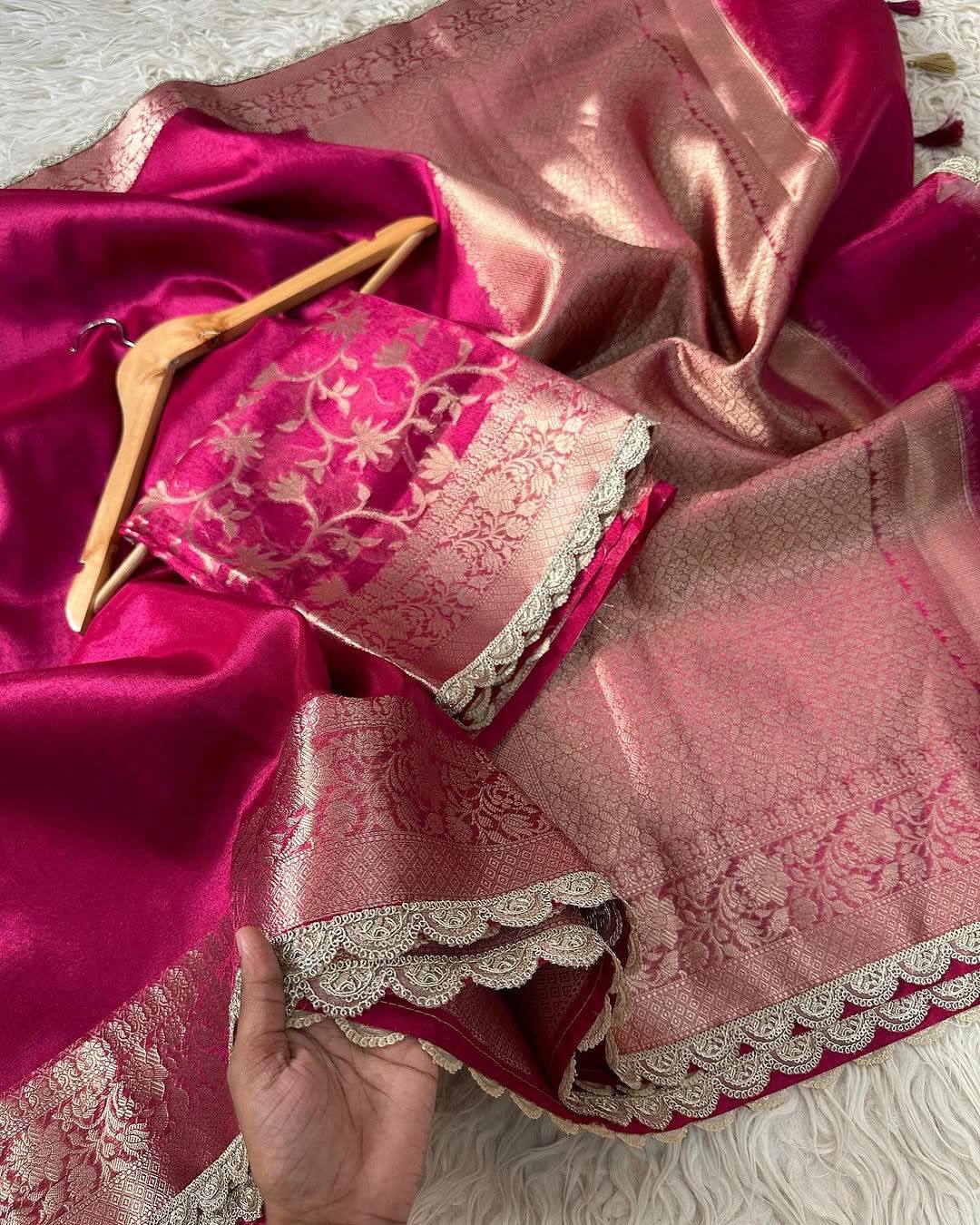 A Designer Banarasi Maharani Tissue Silk Saree with handwork lace border for weddings