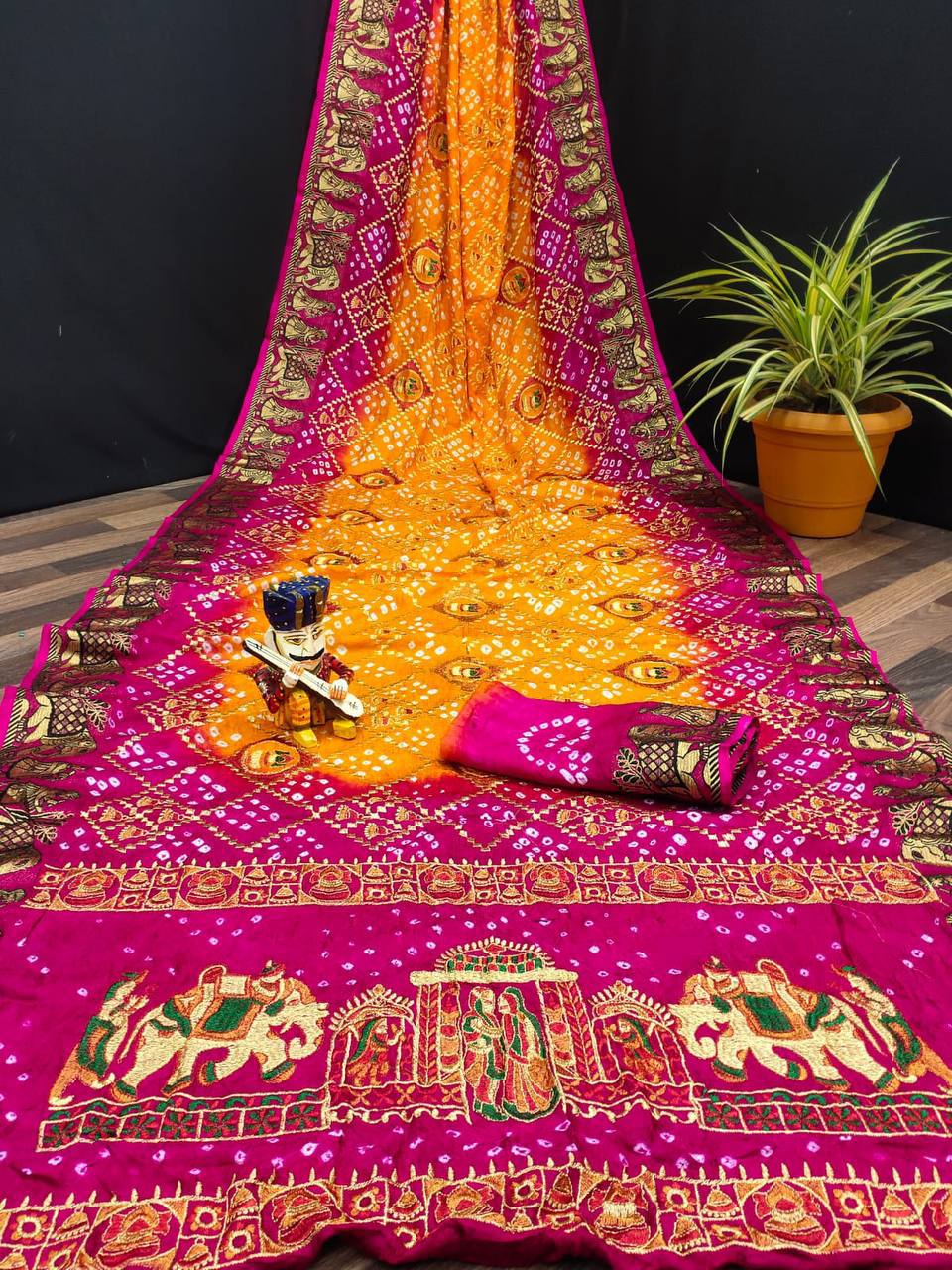 A Traditional Bandhej Saree with Royal Kathiyawadi Embroidery