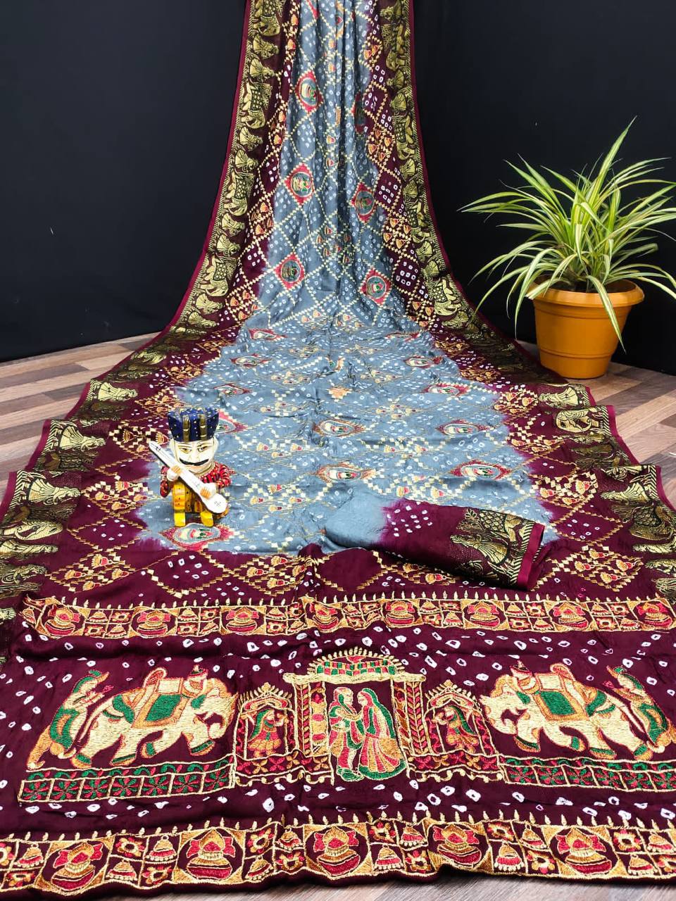 A Traditional Bandhej Saree with Royal Kathiyawadi Embroidery