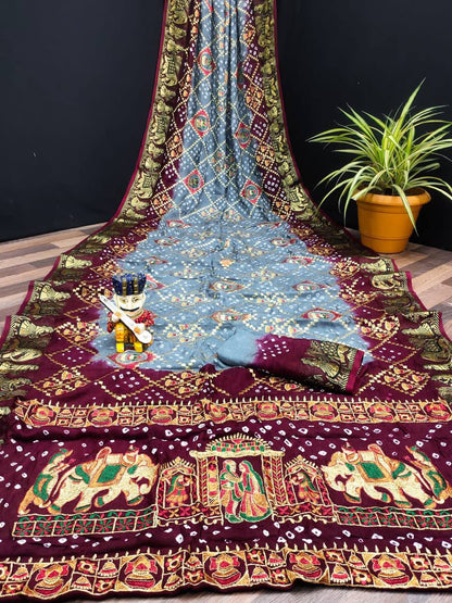 A Traditional Bandhej Saree with Royal Kathiyawadi Embroidery
