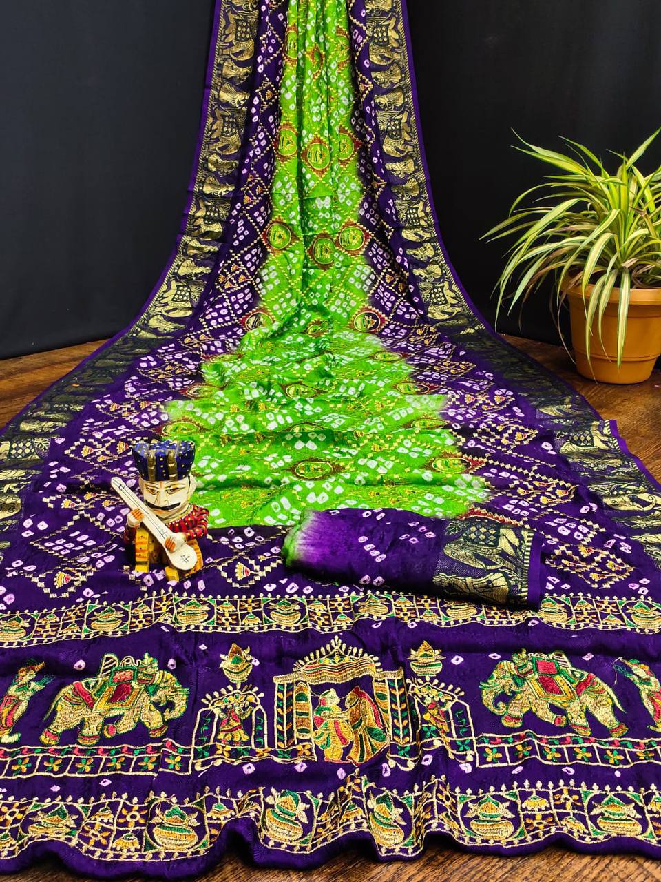 A Traditional Bandhej Saree with Royal Kathiyawadi Embroidery