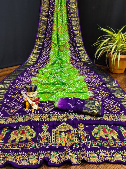 A Traditional Bandhej Saree with Royal Kathiyawadi Embroidery