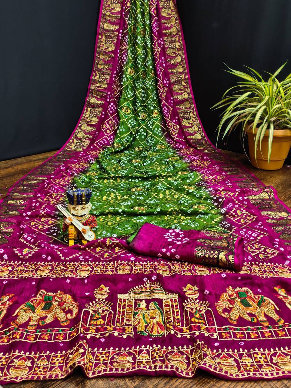 A Traditional Bandhej Saree with Royal Kathiyawadi Embroidery
