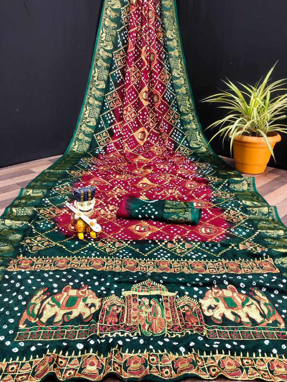 A Traditional Bandhej Saree with Royal Kathiyawadi Embroidery