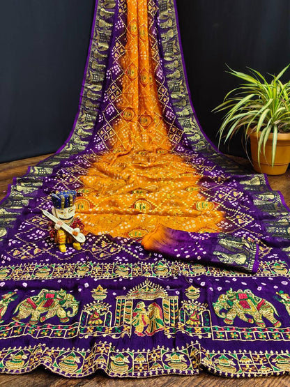 A Traditional Bandhej Saree with Royal Kathiyawadi Embroidery
