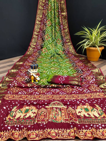 A Traditional Bandhej Saree with Royal Kathiyawadi Embroidery