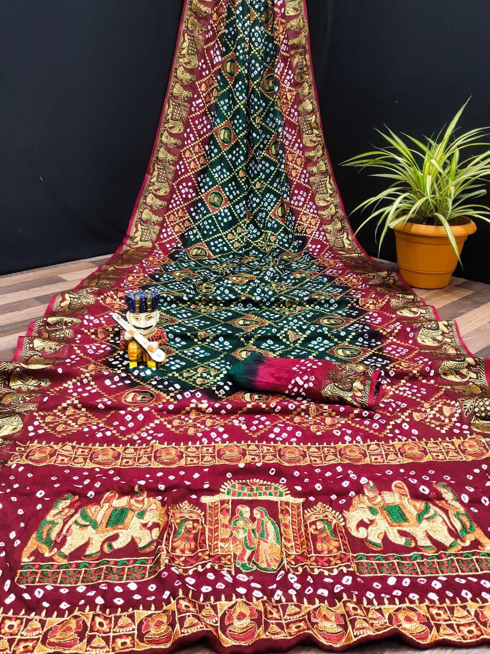 A Traditional Bandhej Saree with Royal Kathiyawadi Embroidery