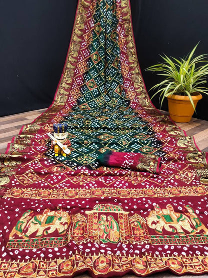 A Traditional Bandhej Saree with Royal Kathiyawadi Embroidery