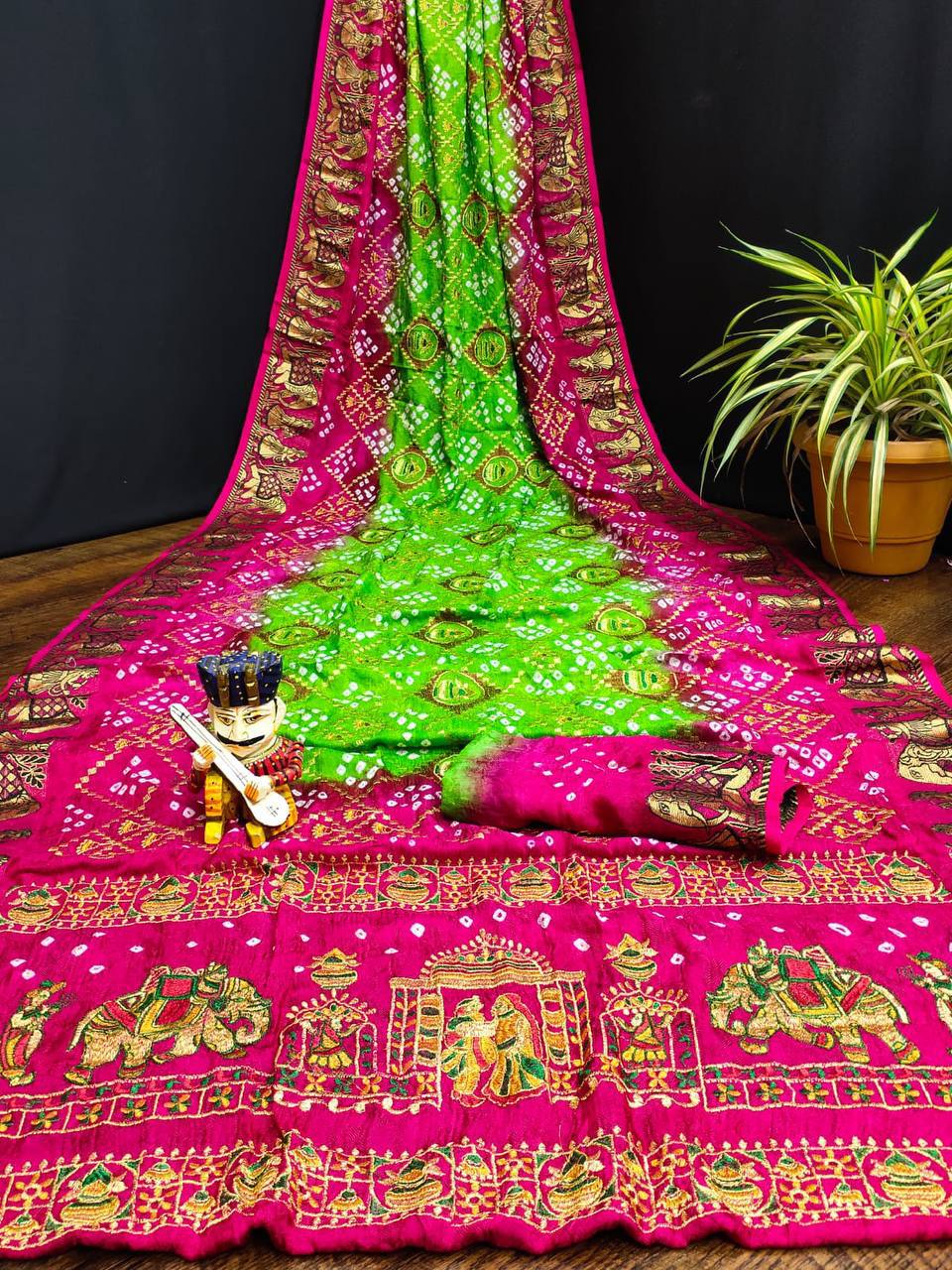 A Traditional Bandhej Saree with Royal Kathiyawadi Embroidery