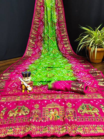 A Traditional Bandhej Saree with Royal Kathiyawadi Embroidery