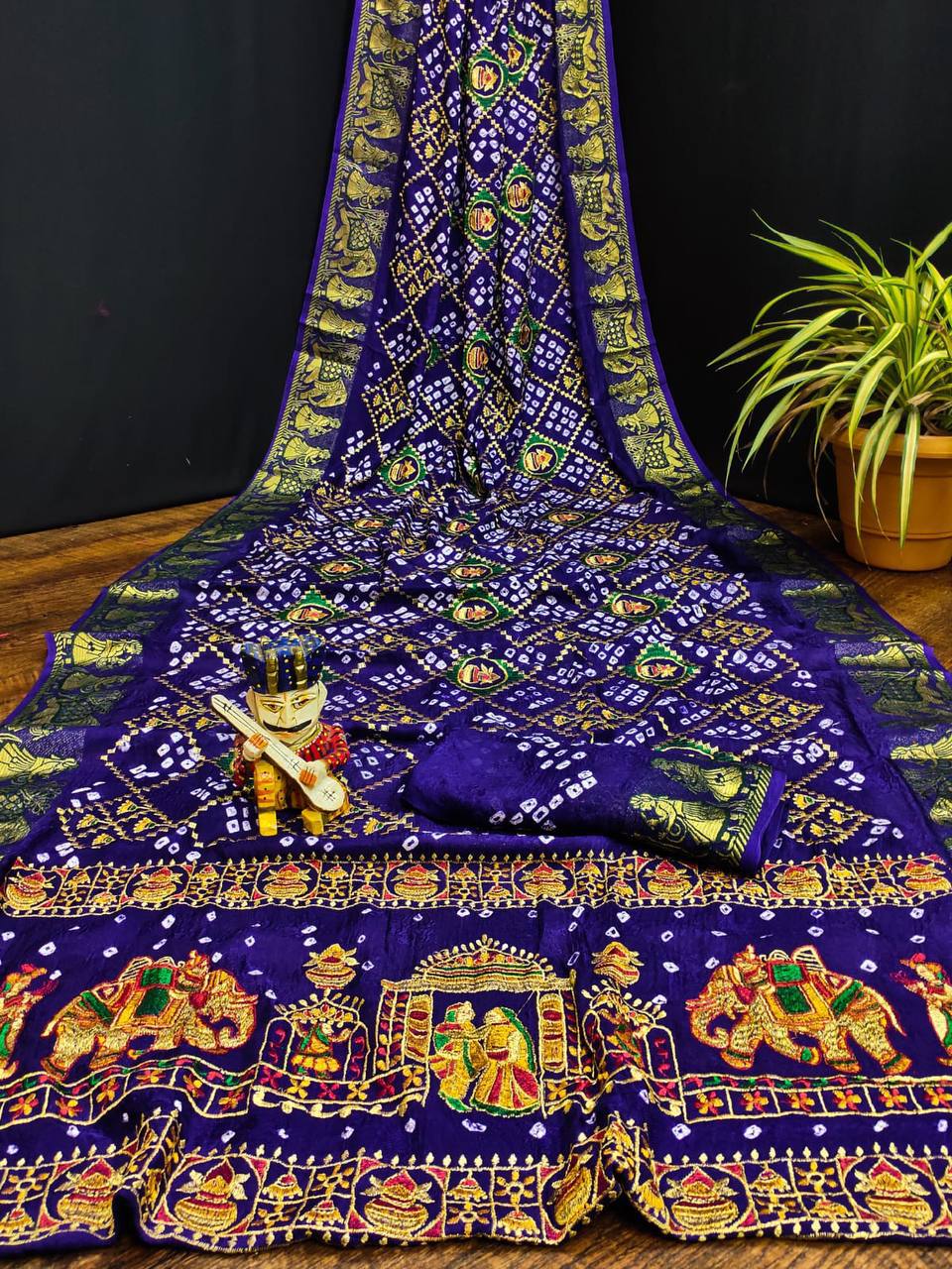 A Traditional Bandhej Saree with Royal Kathiyawadi Embroidery