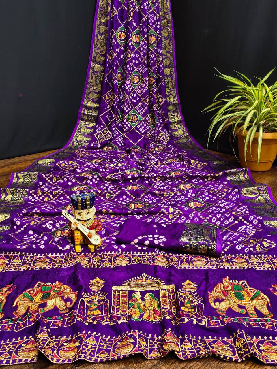 A Traditional Bandhej Saree with Royal Kathiyawadi Embroidery