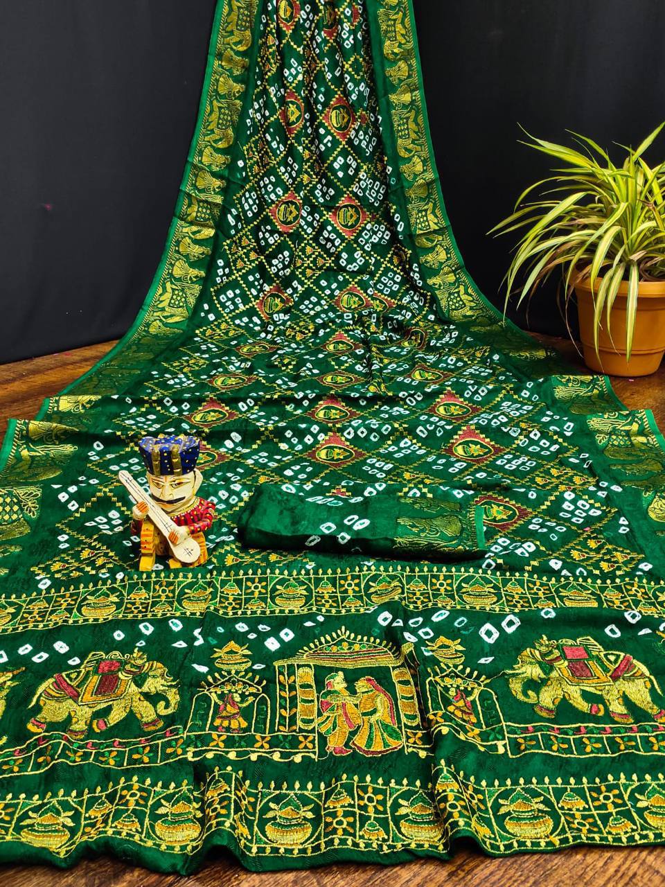 A Traditional Bandhej Saree with Royal Kathiyawadi Embroidery