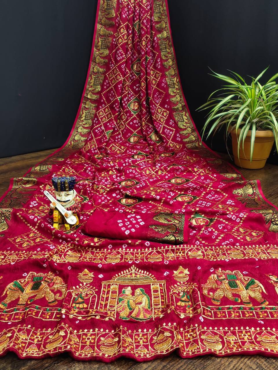 A Traditional Bandhej Saree with Royal Kathiyawadi Embroidery