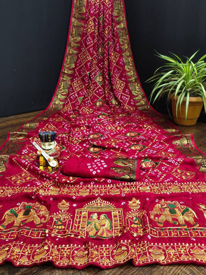 A Traditional Bandhej Saree with Royal Kathiyawadi Embroidery