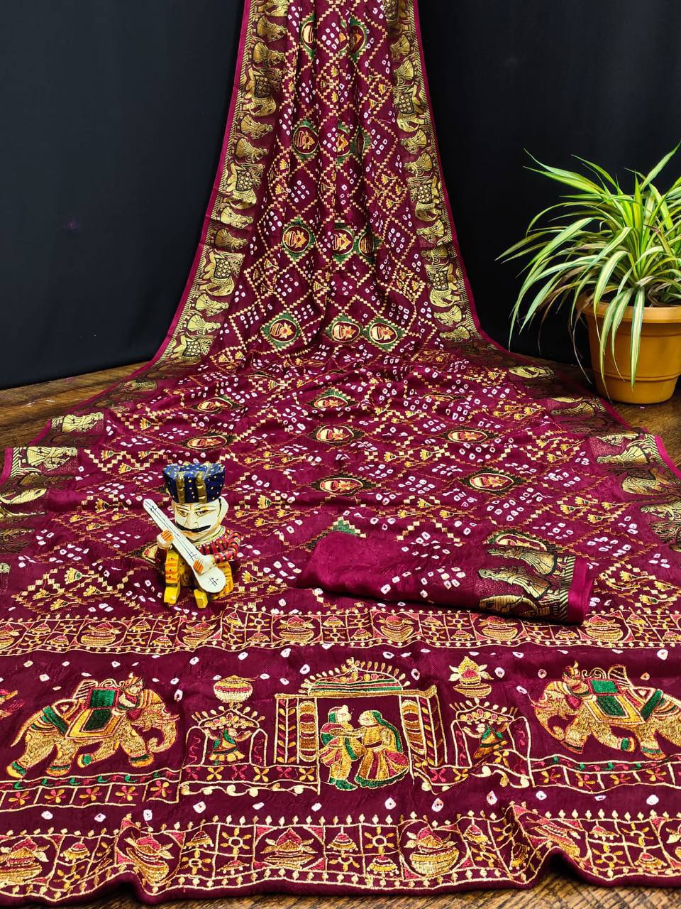 A Traditional Bandhej Saree with Royal Kathiyawadi Embroidery