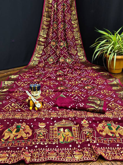 A Traditional Bandhej Saree with Royal Kathiyawadi Embroidery
