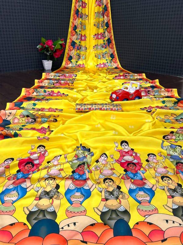 A Digital Printed Satin Silk Saree – Modern, Elegant & Trendy