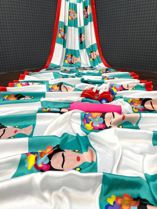 A Digital Printed Satin Silk Saree – Modern, Elegant & Trendy