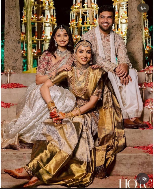 A Actress Shobita-Inspired Banarasi Saree – Elegant Silver-Gold Weave